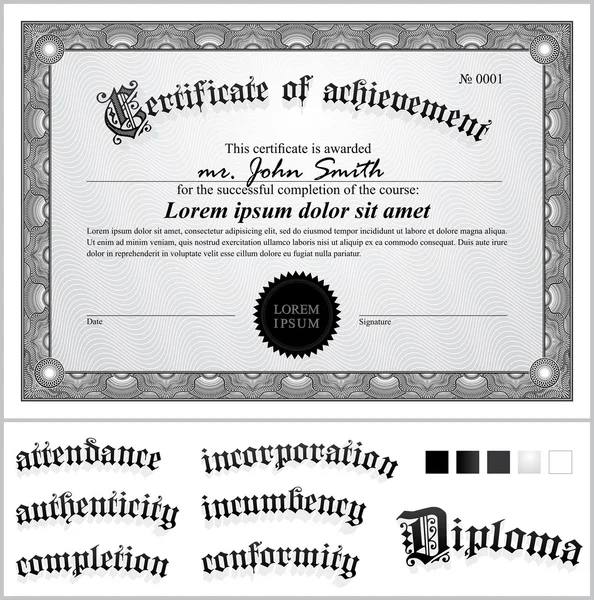 Ilustración vectorial del certificado blanco y negro. Plantilla. Horizontal. Elementos de diseño adicionales . — Archivo Imágenes Vectoriales