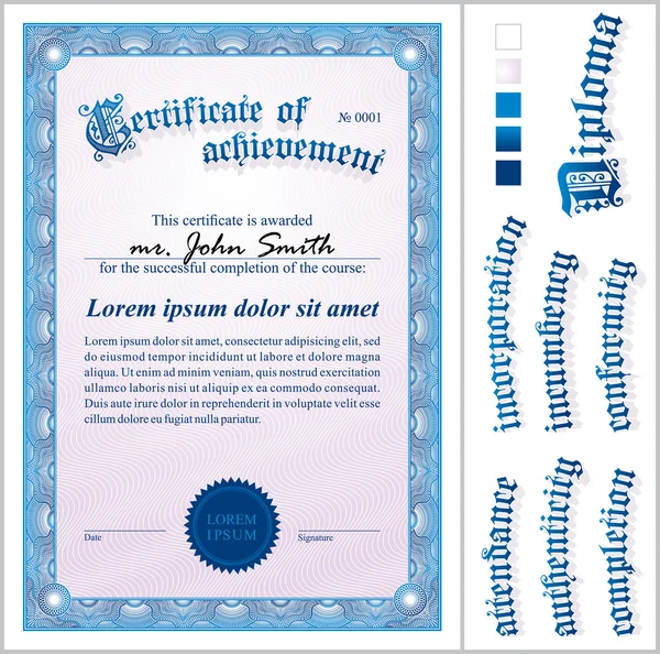 Ilustración vectorial del certificado azul. Plantilla. Vertical . — Vector de stock
