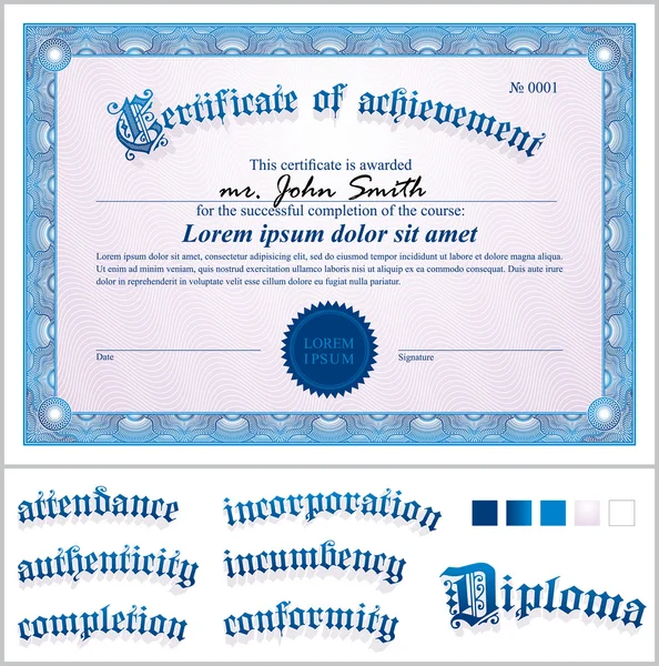 Vector illustration of blue certificate. Template. Horizontal. Stock Illustration
