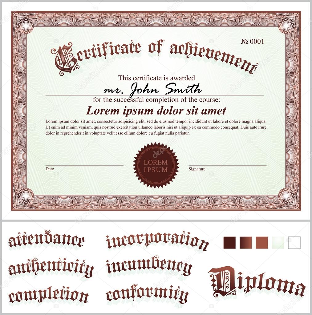 Vector illustration of brown certificate. Template. Horizontal. Additional design elements.