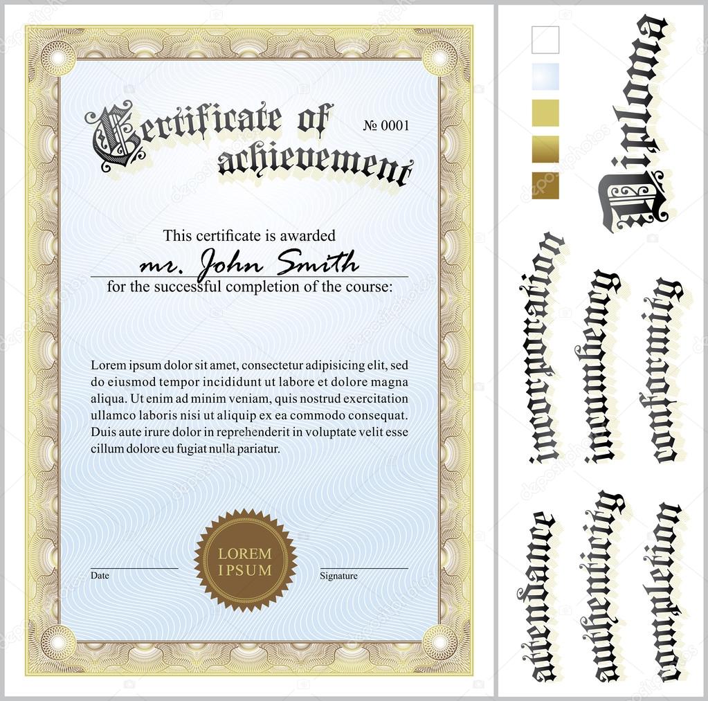 Vector illustration of gold certificate. Template. Vertical. Additional design elements.