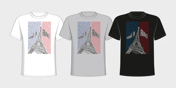 T-shirt with a picture of the Eiffel Tower from the names of the attractions of France. — Stock Vector