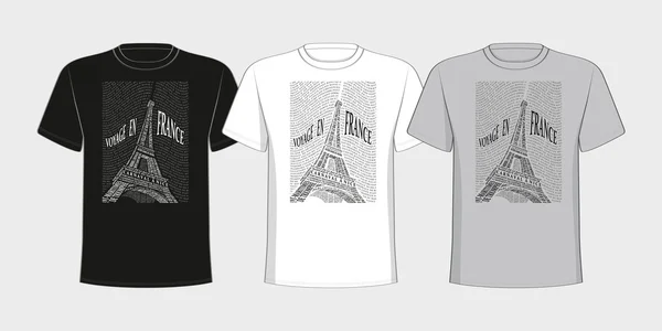 T-shirt with a picture of the Eiffel Tower from the names of the attractions of France. — Stock Vector