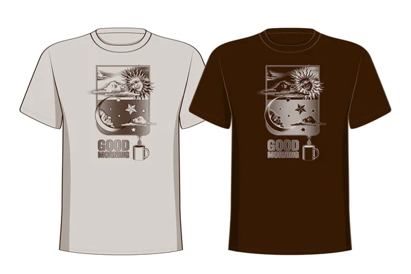 T-shirts design avec impression vintage soleil, lune et étoiles. Bonjour. — Image vectorielle