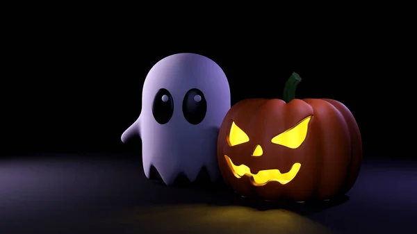 Immagine Halloween Fantasma Zucca Sfondo Scuro Rendering Illustrazione Paesaggio — Foto Stock