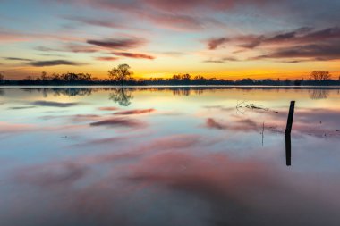 Sunrise over a flooded meadow in winter. Reflection of orange and pink clouds in calm water. France, Europe.