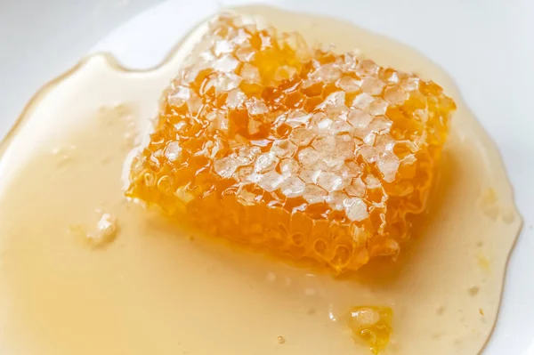 Arı kovanından alınan taraktaki bal. Tarak balı propolis ve polen içerir, vücuda yararlı, antiseptik, antiviral. Polen, arıların ana besin kaynağı proteindir. Fransa.