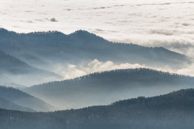 Kışın sis denizinin üzerindeki sisin içindeki dağların silueti. Güney Vosges. Fransa.