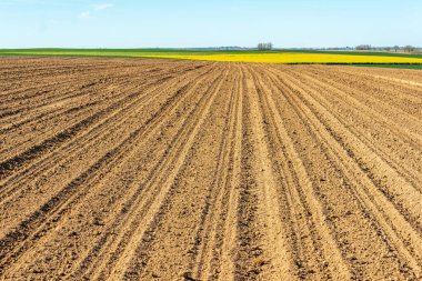 Fields cultivated in early spring in the french countryside .