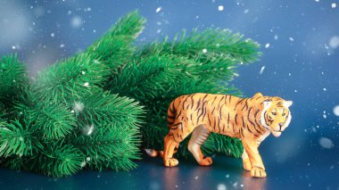 Noel ve Yeni Yıl ağacı afişi, kar taneleri, mavi arka planda, kaplan sembolü Çin burcu takvimi. Yüksek kalite fotoğraf