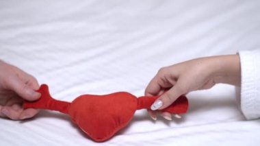 Bulanık Kızıl Kalp. Seni seviyorum. Bir erkeğin ve kadının ellerinde. Kucaklanmak için kollarını açmış soyut kırmızı kalp. Aşk kavramı, Sevgililer Günü Kutlama geçmişi.