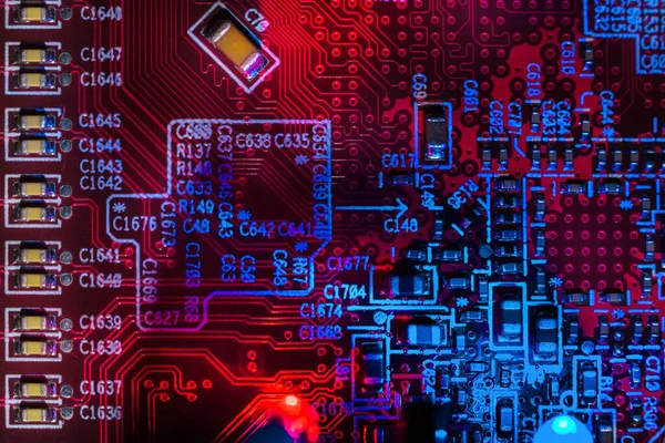 Makro Detailní Záběr Mikročipu Procesor Cpu Červené Desce Obvodů Počítačová — Stock fotografie