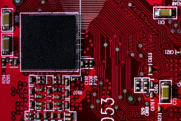 Makro Detailní Záběr Mikročipu Procesor Cpu Červené High Tech Desce — Stock fotografie
