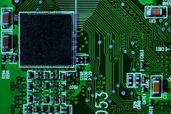 Makro Närbild Bild Mikrochip Cpu Processor Grönt Högteknologiskt Elektroniskt Kretskort — Stockfoto
