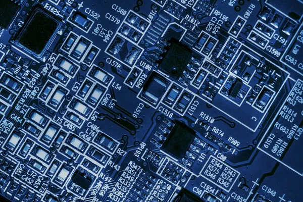 Makro Närbild Ett Mikrochip Processor Cpu Ett Blått Högteknologiskt Elektroniskt — Stockfoto