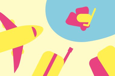 Denize yolculuk kavramı. Uçak, bavullar, dinlenme ve seyahat sembolü. Plaj tatili ilanı..