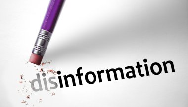 Eraser changing the word disinformation for information  clipart