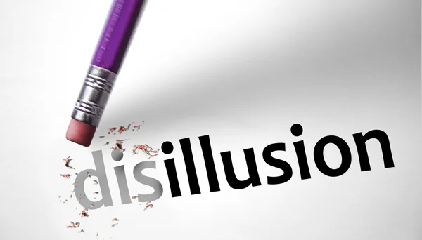 Eraser changing the word disillusion for illusion — Stock Photo, Image