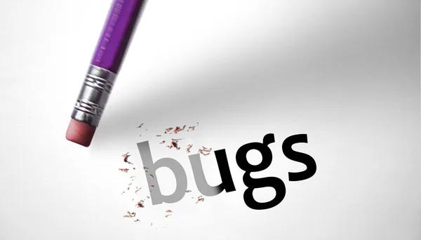 Radiergummi Löschen des Wortes Bugs — Stockfoto