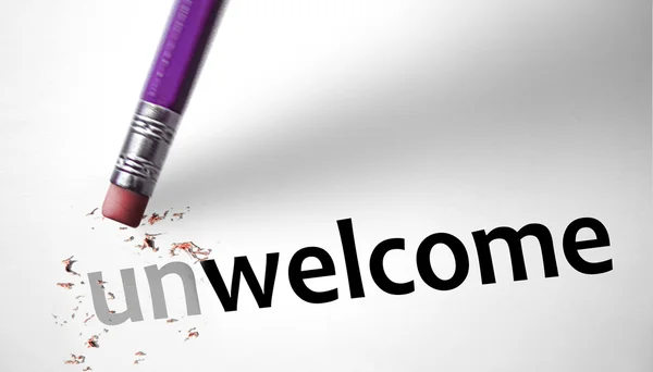 Eraser changing the word Unwelcome for Welcome — Stock Photo, Image