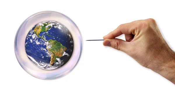 World Bubble about to explode by a needle — Stock Photo, Image