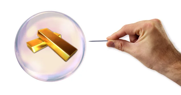 Gold value Bubble about to explode by a needle — Stock Photo, Image