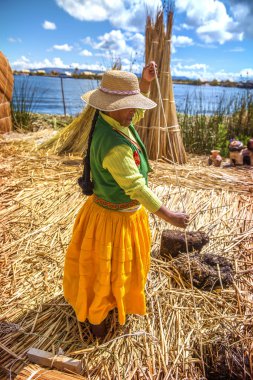 Titicaca, peru - Aralık 29: Kızılderili kadın onun mallar ufak bir re