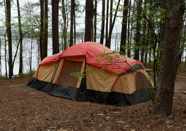 Rain on a two room nylon tent at North Carolina\'s Jordan Lake