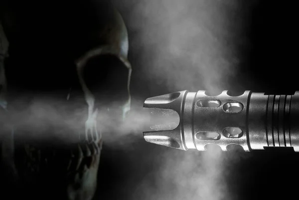 Skull Smoking Gun Barrel Black Background — Fotografia de Stock