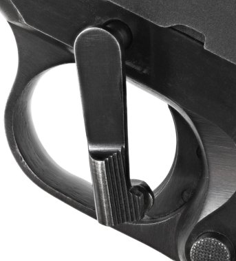 Lever that is rotated to start disassembling a semi-automatic handgun on a white background.