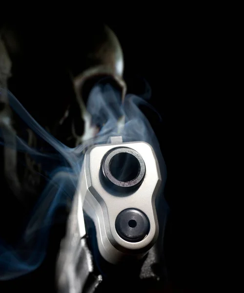 Skull Smoking Semi Automatic Handgun Illustration Ghost Gun Black Background — Foto de Stock