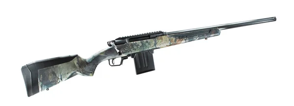 Full Length Bolt Action Rifle Wearing Camo Stock Isolated White — Stok fotoğraf
