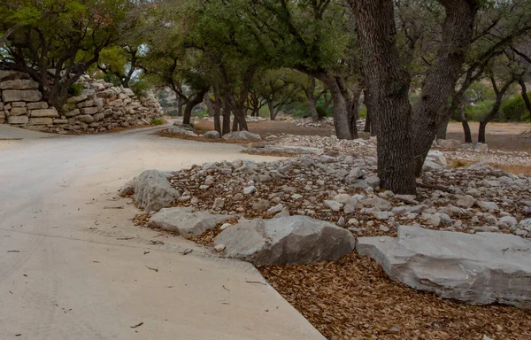 Driveway lined with rocks and large trees