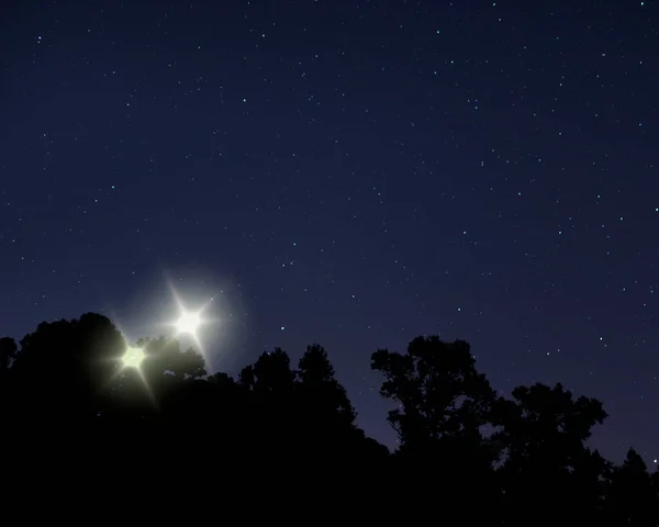 Два Нло Ночью Над Лесом Силуэтом Звезд — стоковое фото