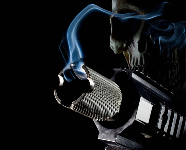 Ghost gun 3D illustration with a smoking gun in front and skul behind on a black background