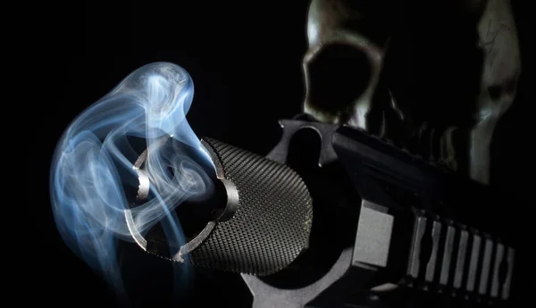 Ghost gun 3D Illustration with a photo of a smoking gun barrel and skull slightly out of focus behind on a black background.