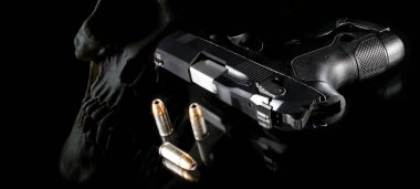 Ghost gun represented in 3D Rendering with cartridges on black