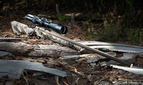 Bolt Action Rifle High Powered Scope Rotting Log Forest — Stock fotografie