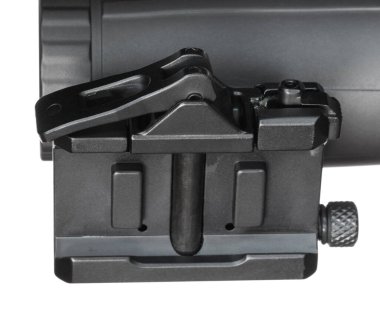 Beyaz üzerine izole edilmiş kırmızı bir noktanın arkasına giden bir büyüteçin tabanı