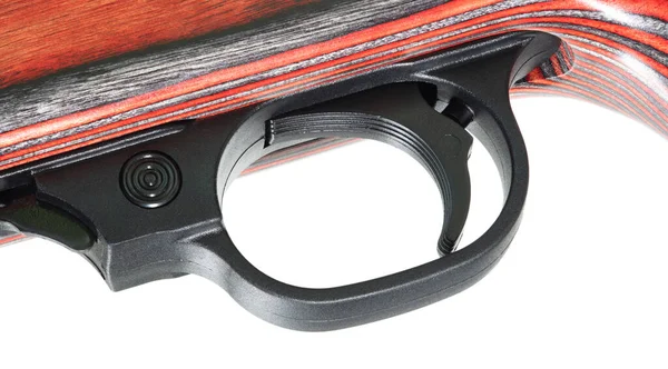 Disparador Arma Fuego Con Material Laminado Rojo Aislado Blanco — Foto de Stock