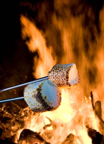 两个棉花糖被烤着在篝火上打喷嚏 — 图库照片