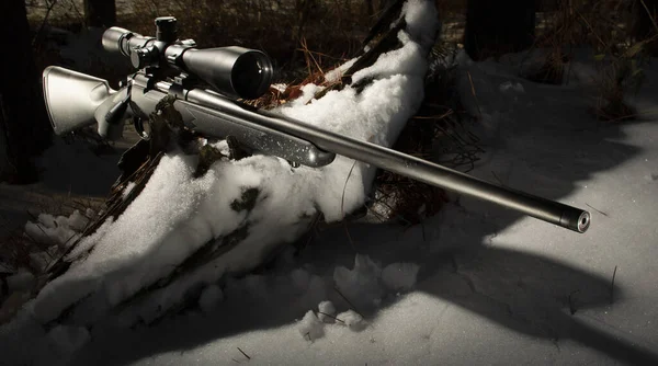 Μαύρο Τουφέκι Δράσης Μπουλόνι Ένα Χιονισμένο Κούτσουρο Ένα Χειμερινό Δάσος — Φωτογραφία Αρχείου