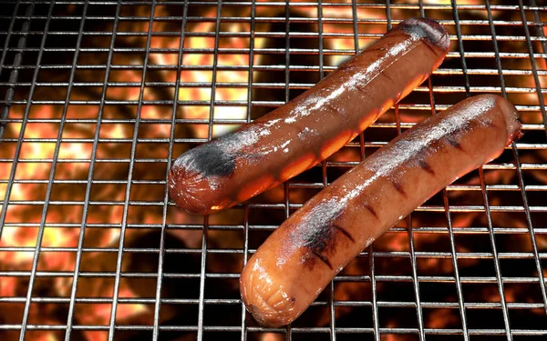 Pair Plump Hot Dogs Cooking Grill — Stock Photo, Image