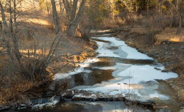 Kışın Montana 'da küçük bir derede buz ve kar