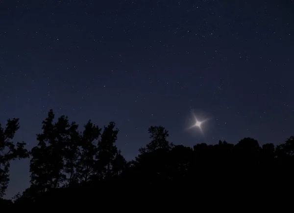 One star shining brightly over a silhouetted treeline in North Carolina