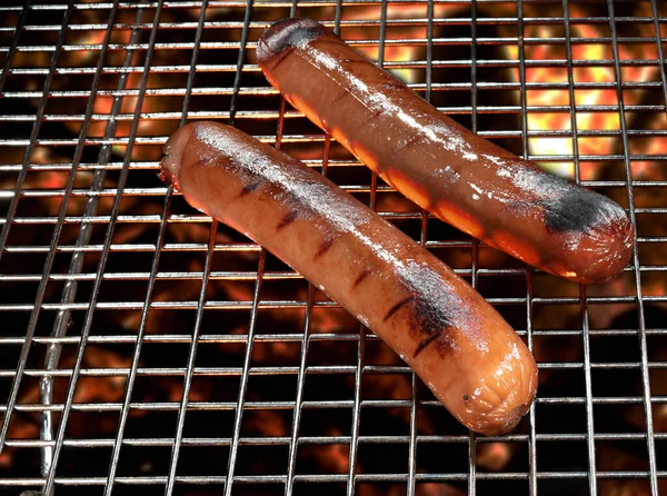 Pair Hot Dogs Cooking Fire — Stock Photo, Image