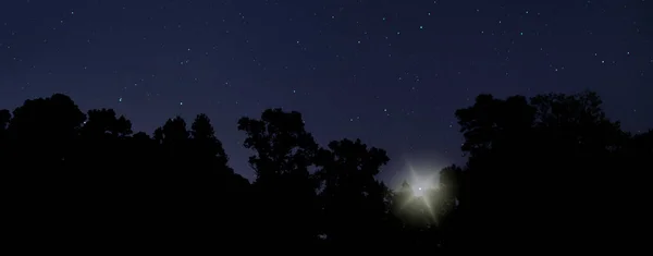 Ufo Tuż Nad Drzewami Nocy Gwiazdami Górze — Zdjęcie stockowe