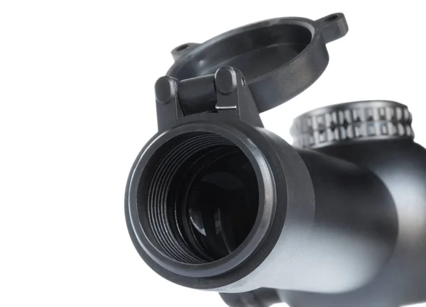 Beschermende Riflescope Cover Open Bij Objectief Lens Een Witte Achtergrond — Stockfoto