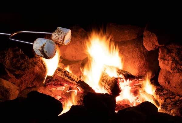 Marshmallow pair roasting on a small fire after nightfall