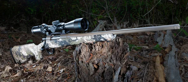 Riflescope Και Τουφέκι Στο Δάσος Ένα Σάπιο Κούτσουρο Και Πτώση — Φωτογραφία Αρχείου